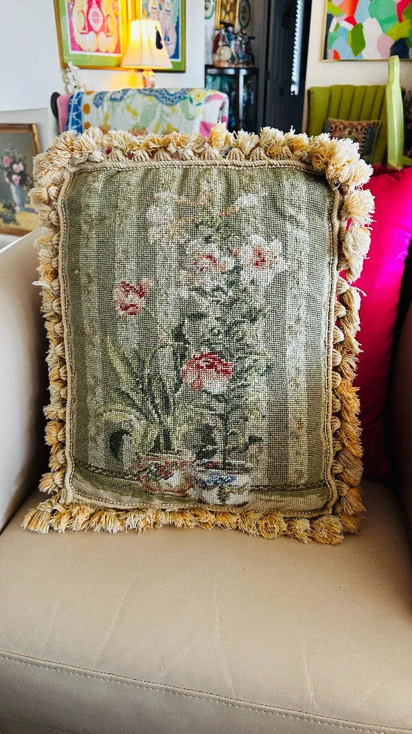 Vintage Needlepoint Pillows, Single or Pair, Tassel fringe, Florals in Chinoiserie Pots