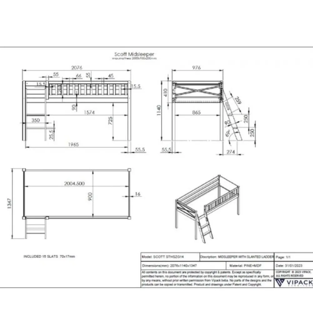 Vipack - Scott Mid Sleeper with Desk, Library and Chest of 4 Drawers