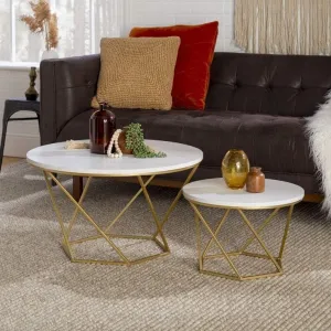 Welltrade Shoppee Modern Round Marble Finish Coffee Table Set of 2 Nesting Stacking Tea Center Tables for Living Room, Bedroom or Apartment Gold Metal Frame (Gold & Walnut)