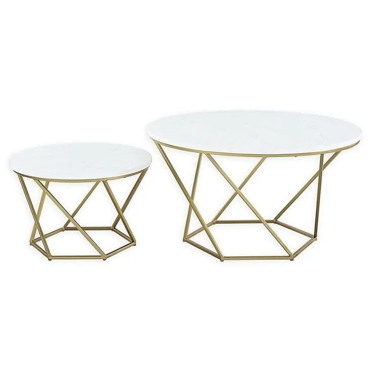 Welltrade Shoppee Modern Round Marble Finish Coffee Table Set of 2 Nesting Stacking Tea Center Tables for Living Room, Bedroom or Apartment Gold Metal Frame (Gold & Walnut)