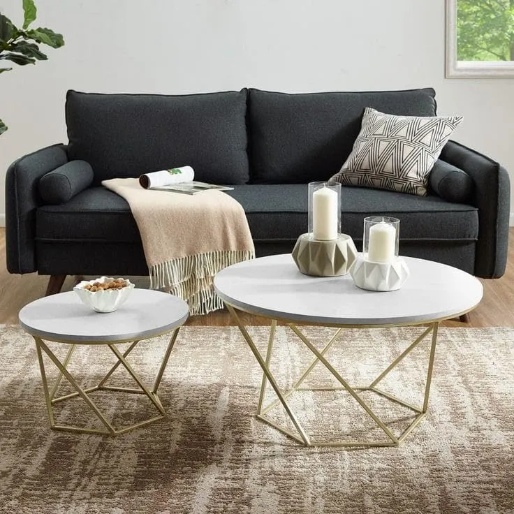 Welltrade Shoppee Modern Round Marble Finish Coffee Table Set of 2 Nesting Stacking Tea Center Tables for Living Room, Bedroom or Apartment Gold Metal Frame (Gold & Walnut)