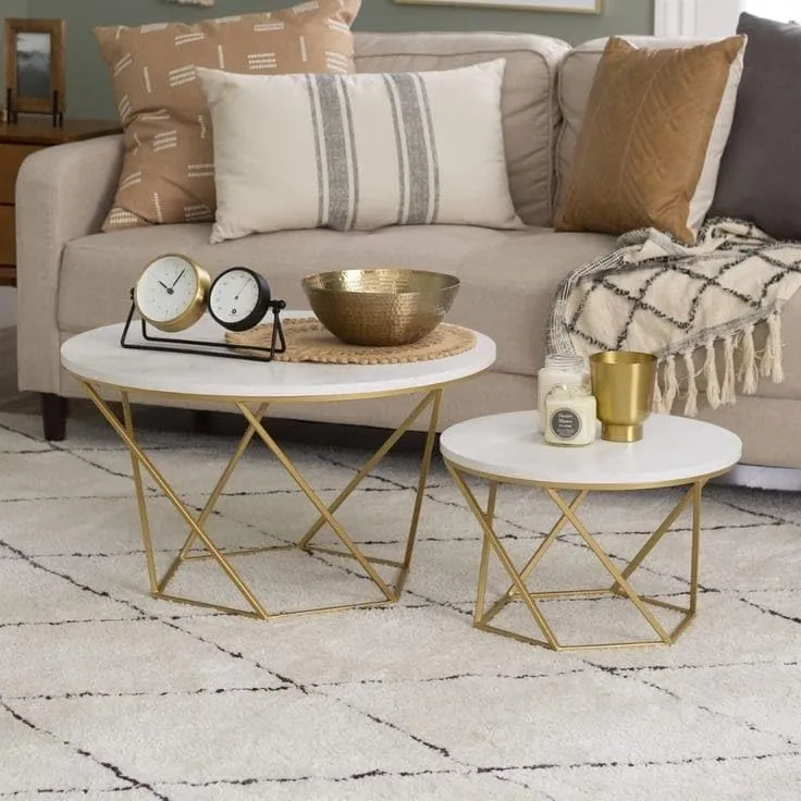 Welltrade Shoppee Modern Round Marble Finish Coffee Table Set of 2 Nesting Stacking Tea Center Tables for Living Room, Bedroom or Apartment Gold Metal Frame (Gold & Walnut)
