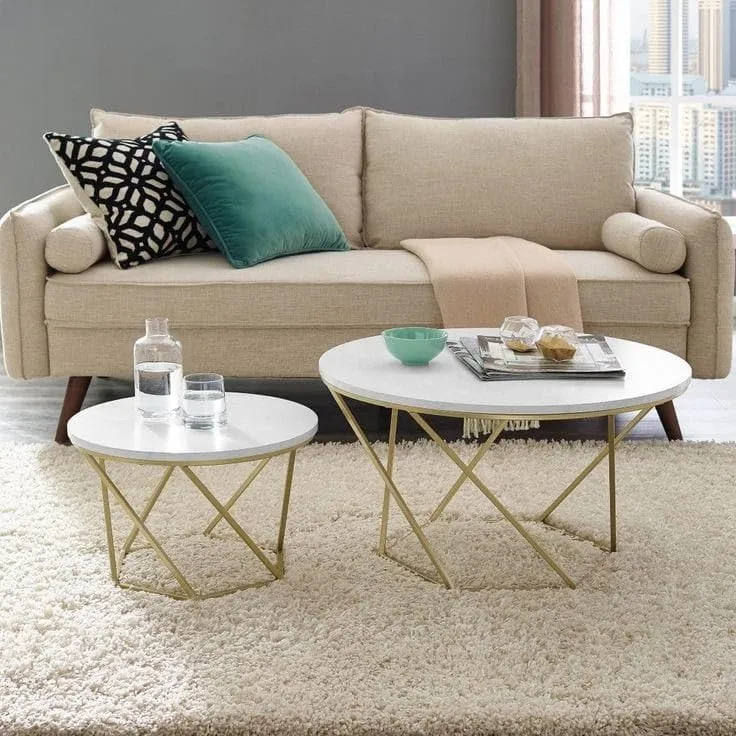 Welltrade Shoppee Modern Round Marble Finish Coffee Table Set of 2 Nesting Stacking Tea Center Tables for Living Room, Bedroom or Apartment Gold Metal Frame (Gold & Walnut)