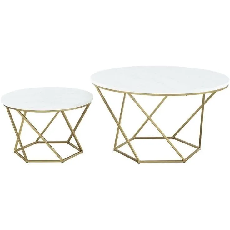 Welltrade Shoppee Modern Round Marble Finish Coffee Table Set of 2 Nesting Stacking Tea Center Tables for Living Room, Bedroom or Apartment Gold Metal Frame (Gold & Walnut)