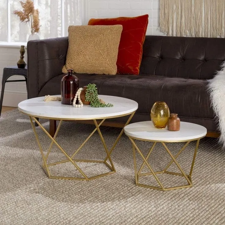 Welltrade Shoppee Modern Round Marble Finish Coffee Table Set of 2 Nesting Stacking Tea Center Tables for Living Room, Bedroom or Apartment Gold Metal Frame (Gold & Walnut)