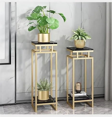 Weston Crafts Side Table Living Room Furniture Plant Pot Holder for Hallway Hotel Decor，Gold Iron Corner Table with 2 MDF Shelves