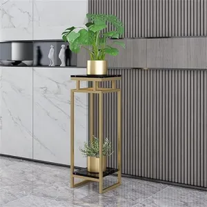 Weston Crafts Side Table Living Room Furniture Plant Pot Holder for Hallway Hotel Decor，Gold Iron Corner Table with 2 MDF Shelves