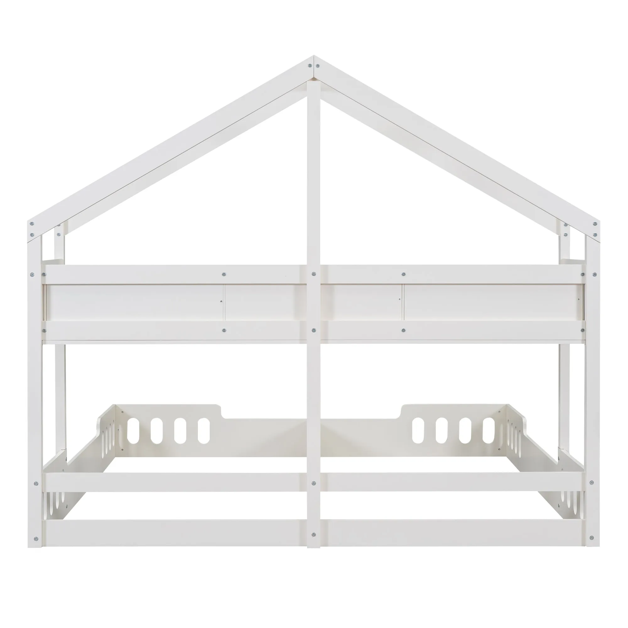 Wood Twin Size House Platform Beds,Two Shared Beds with Shelves and Guardrail, Creamy White
