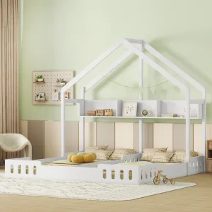 Wood Twin Size House Platform Beds,Two Shared Beds with Shelves and Guardrail, Creamy White